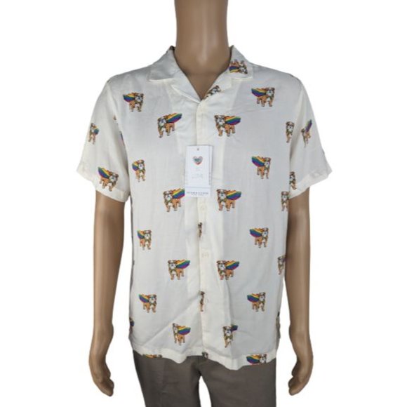 Denim & Flower Ricky Singh Love Wins Bulldog in Rainbow Cape Button Down Shirt L - Picture 1 of 7